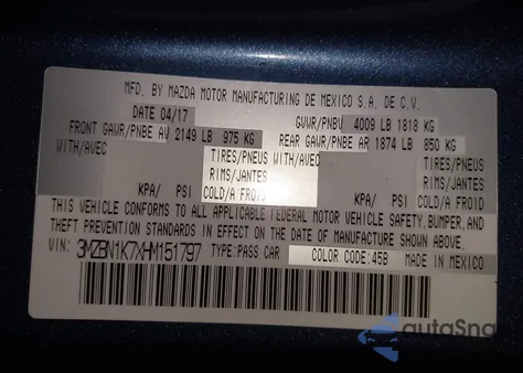 2017 Mazda Mazda3 Sport from USA, damaged, VIN 3MZBN1K7XHM151797